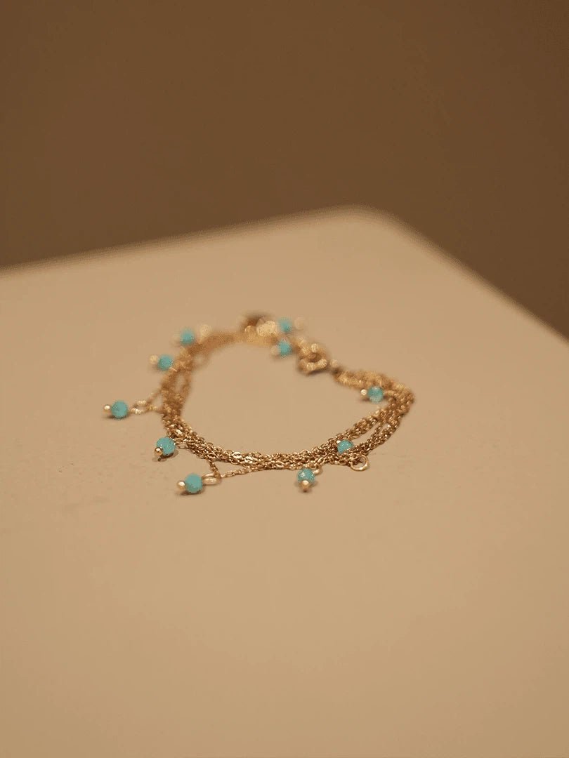 Dainty Green Crystal Charm Bracelet - Waterproof Titanium Steel Layered Chain - Doraflora