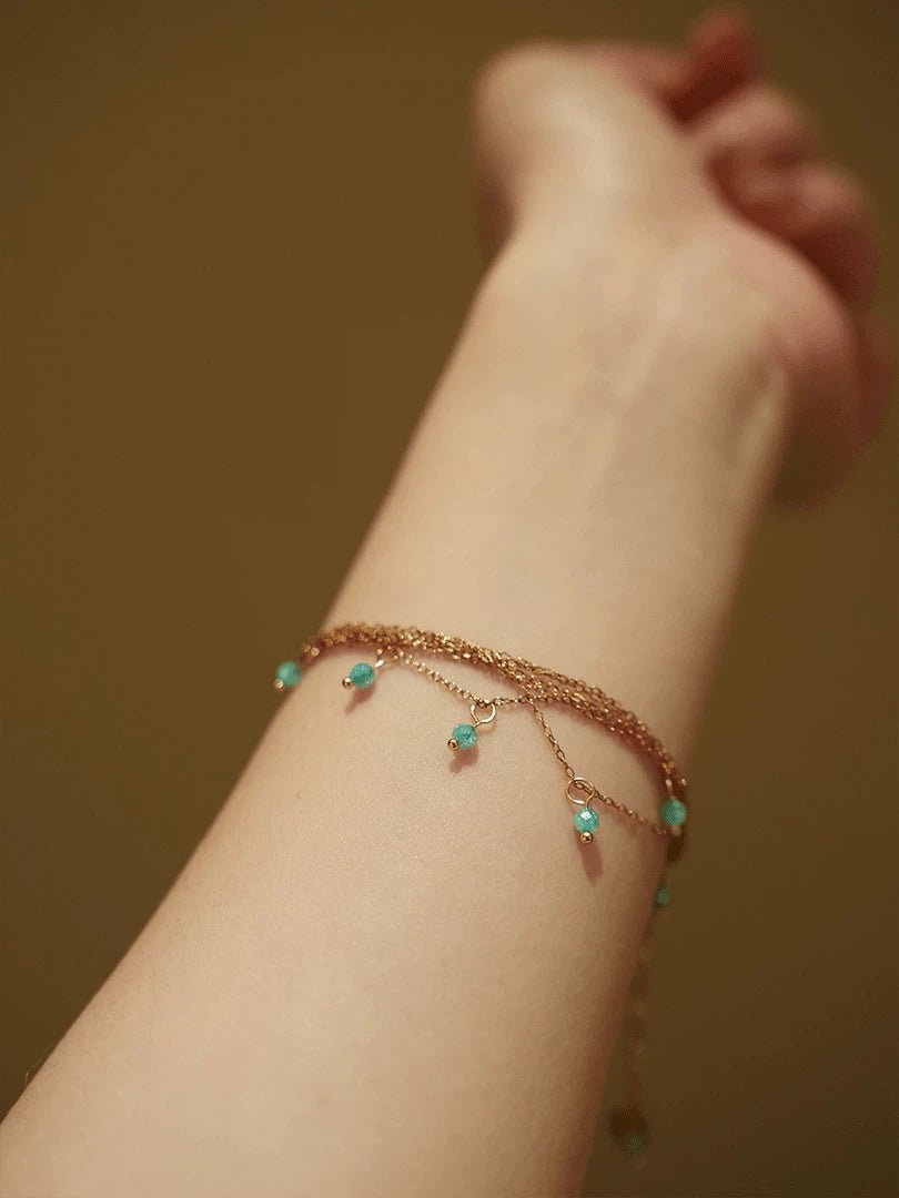 Dainty Green Crystal Charm Bracelet - Waterproof Titanium Steel Layered Chain - Doraflora