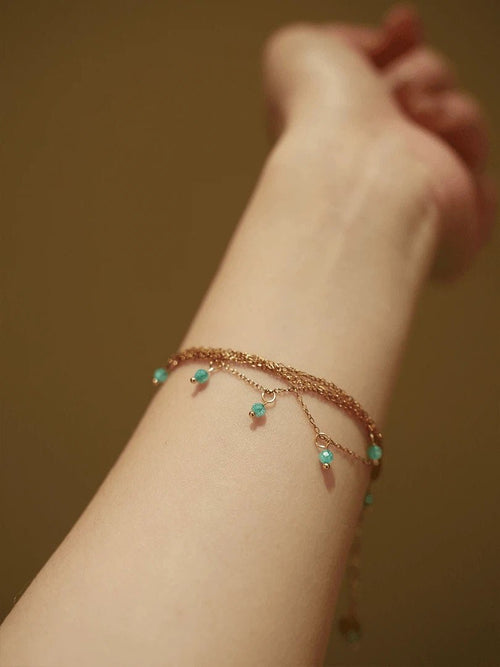 Dainty Green Crystal Charm Bracelet - Waterproof Titanium Steel Layered Chain - Doraflora