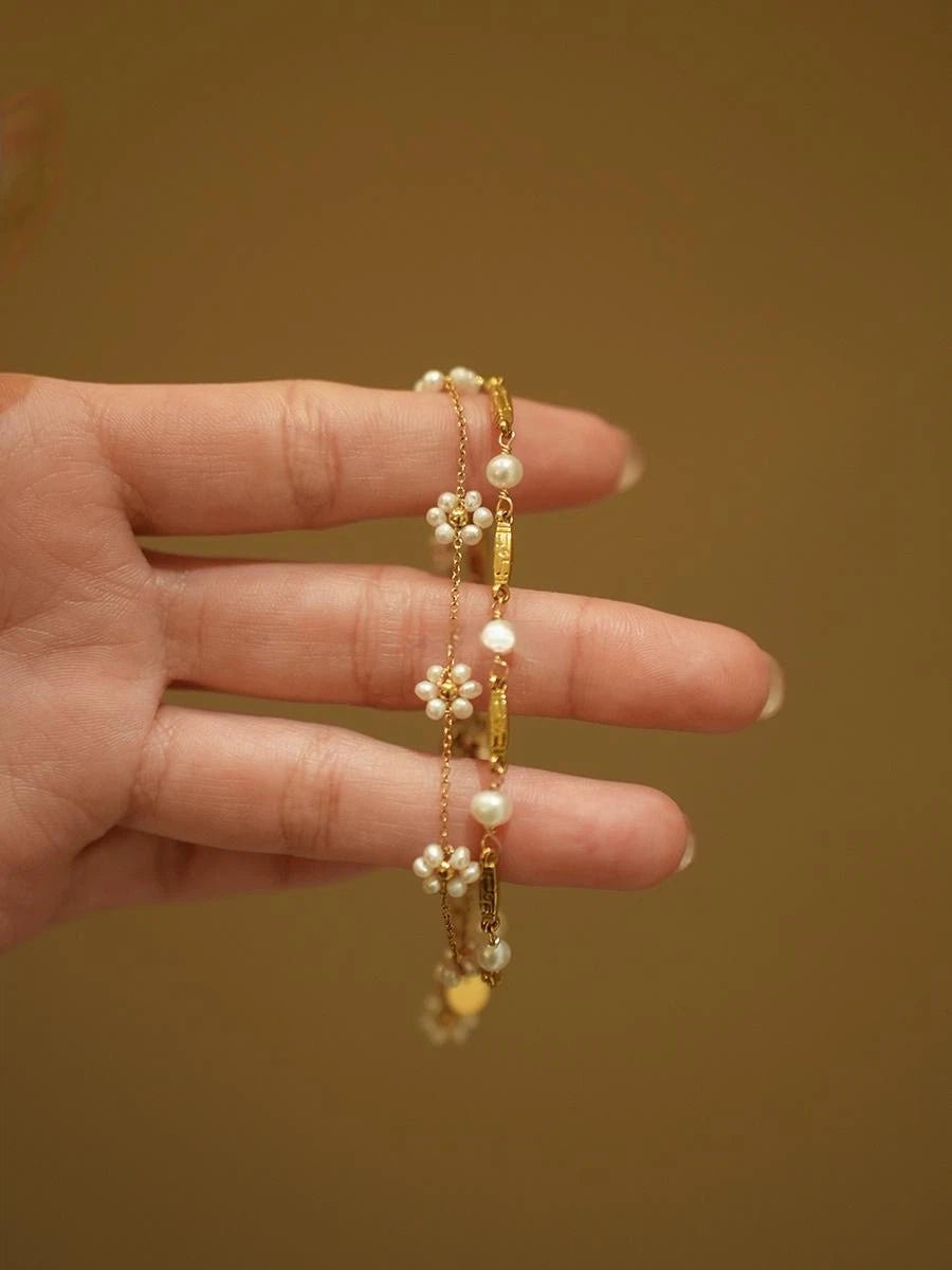 Delicate Gold Pearl Bracelet Set - Dainty Flower & Beaded Pearl Stackable Bracelets for Women - Doraflora