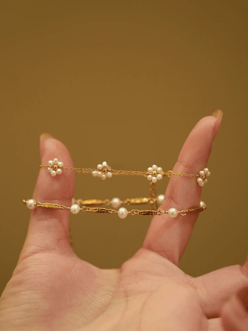 Delicate Gold Pearl Bracelet Set - Dainty Flower & Beaded Pearl Stackable Bracelets for Women - Doraflora