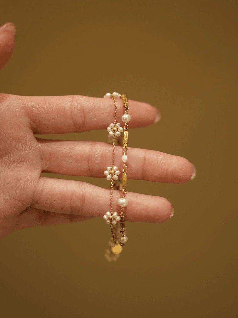 Delicate Gold Pearl Bracelet Set - Dainty Flower & Beaded Pearl Stackable Bracelets for Women - Doraflora