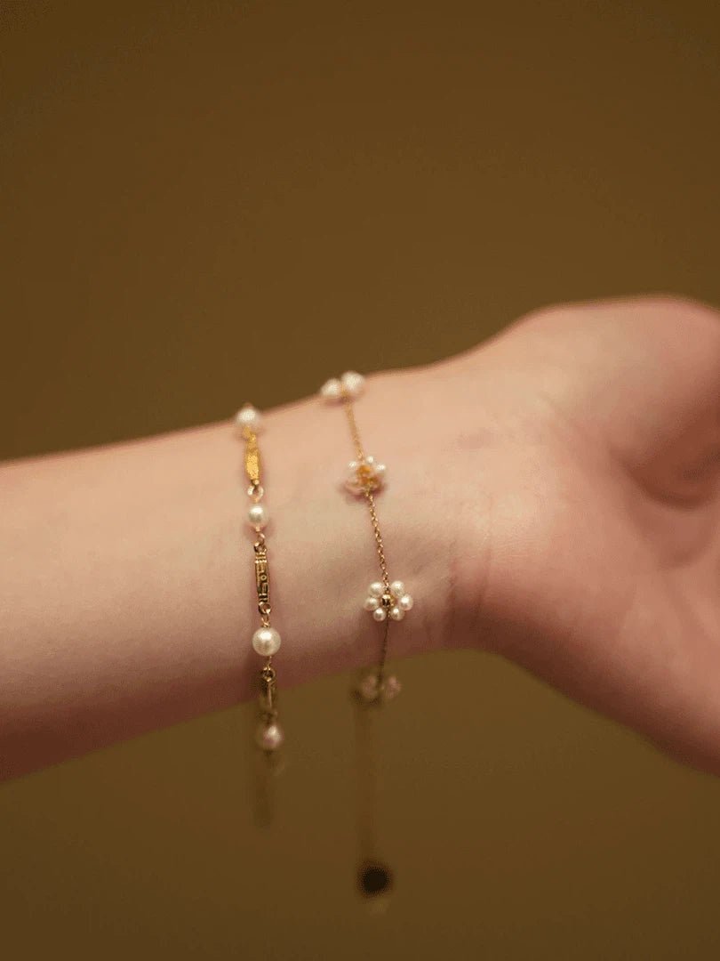 Delicate Gold Pearl Bracelet Set - Dainty Flower & Beaded Pearl Stackable Bracelets for Women - Doraflora