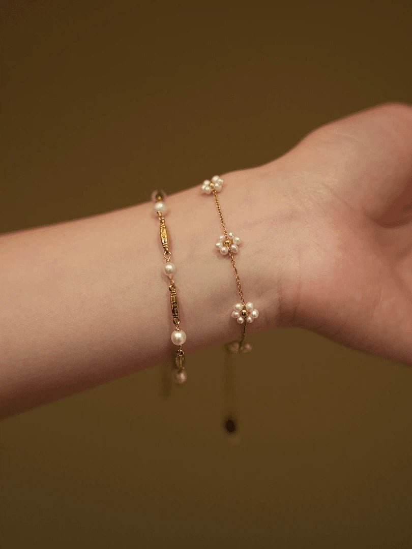 Delicate Gold Pearl Bracelet Set - Dainty Flower & Beaded Pearl Stackable Bracelets for Women - Doraflora