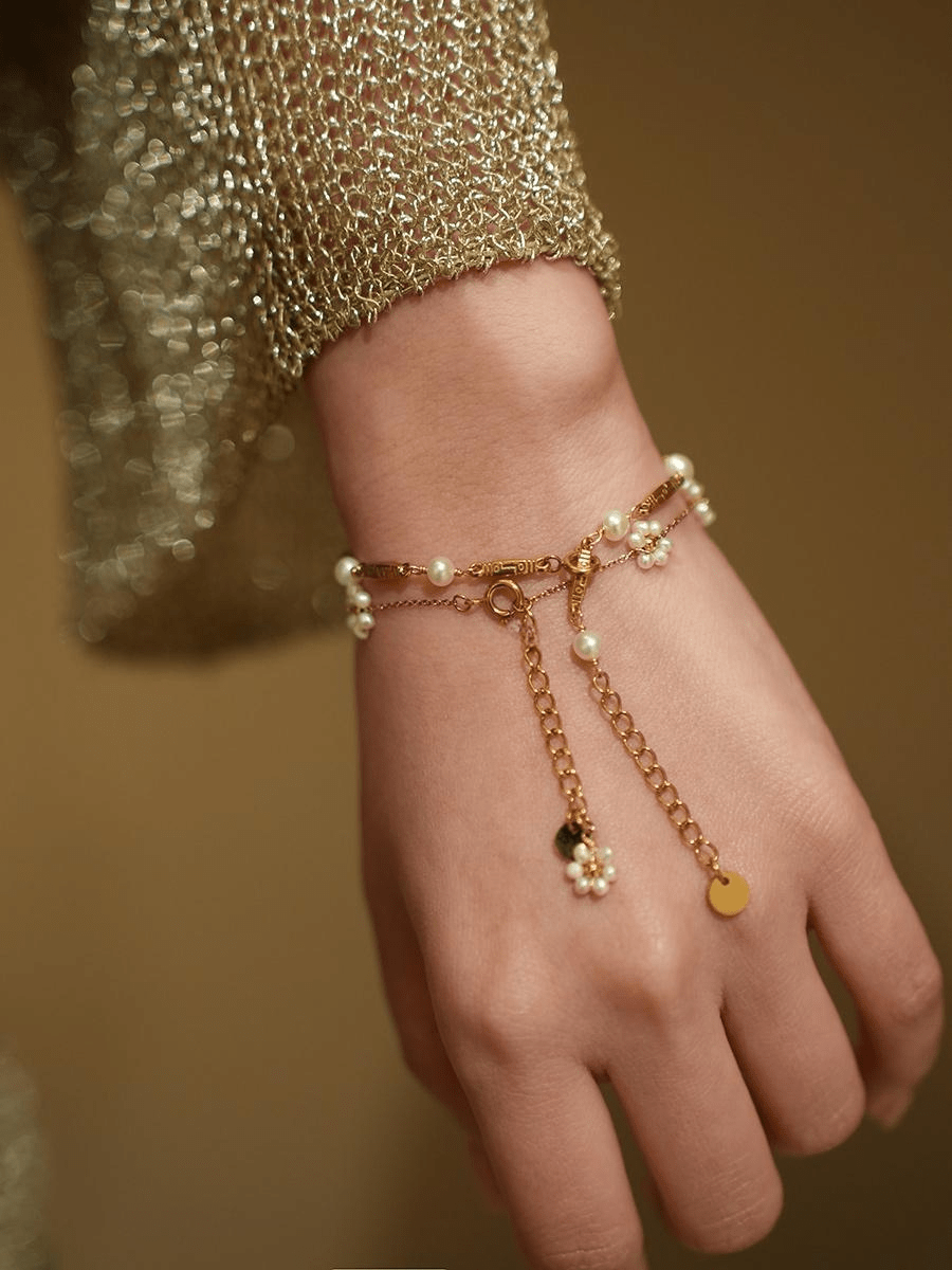 Delicate Gold Pearl Bracelet Set - Dainty Flower & Beaded Pearl Stackable Bracelets for Women - Doraflora