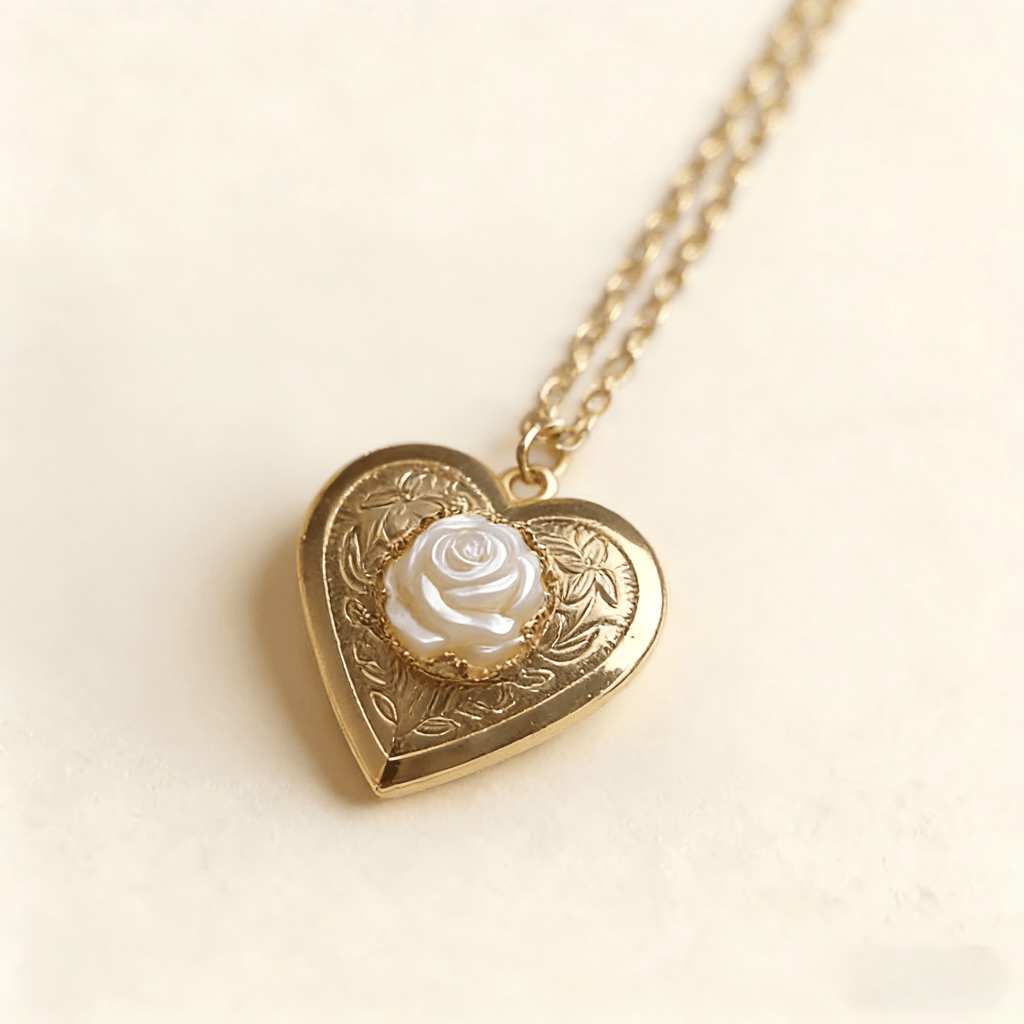 Gold Heart Rose Locket Necklace | Vintage Photo Keepsake - Doraflora