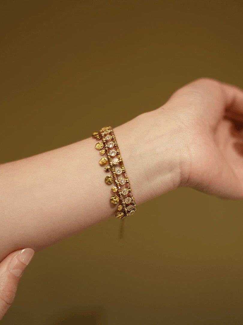 Gold & Zircon Handwoven Tassel Bracelet | Tarnish - Free Titanium Steel - Doraflora