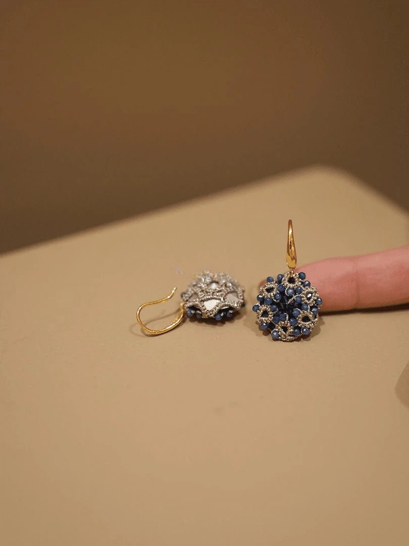 Handmade Blue Crystal Beaded Earrings - Vintage Lace Woven Titanium Steel Hook Drop Earrings - Doraflora