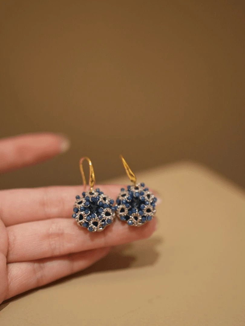 Handmade Blue Crystal Beaded Earrings - Vintage Lace Woven Titanium Steel Hook Drop Earrings - Doraflora