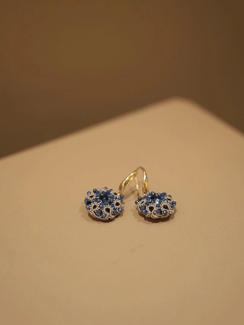 Handmade Blue Crystal Beaded Earrings - Vintage Lace Woven Titanium Steel Hook Drop Earrings - Doraflora