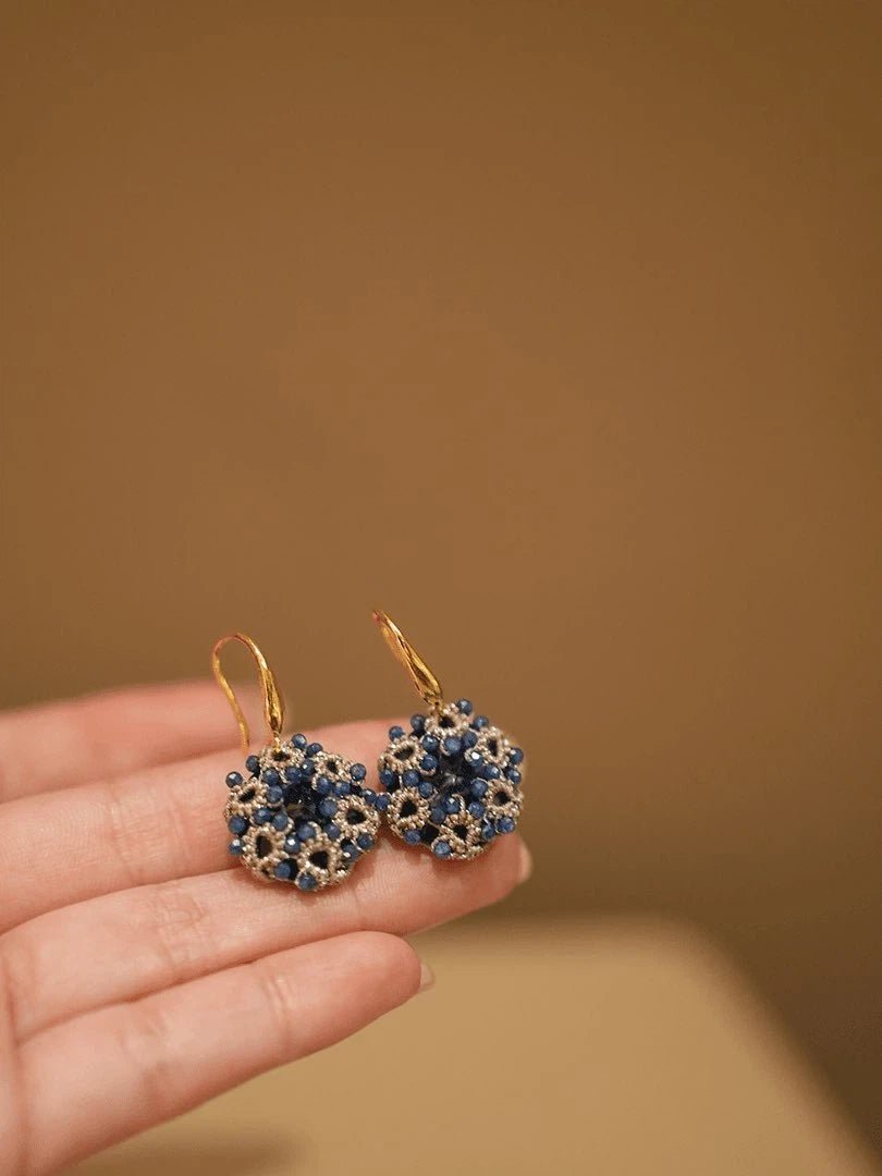 Handmade Blue Crystal Beaded Earrings - Vintage Lace Woven Titanium Steel Hook Drop Earrings - Doraflora