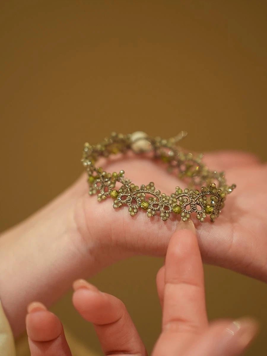 Handmade Lace Bracelet with Olive Green Crystal & Cat's Eye Clasp - Vintage Woven Silver Thread Jewelry - Doraflora