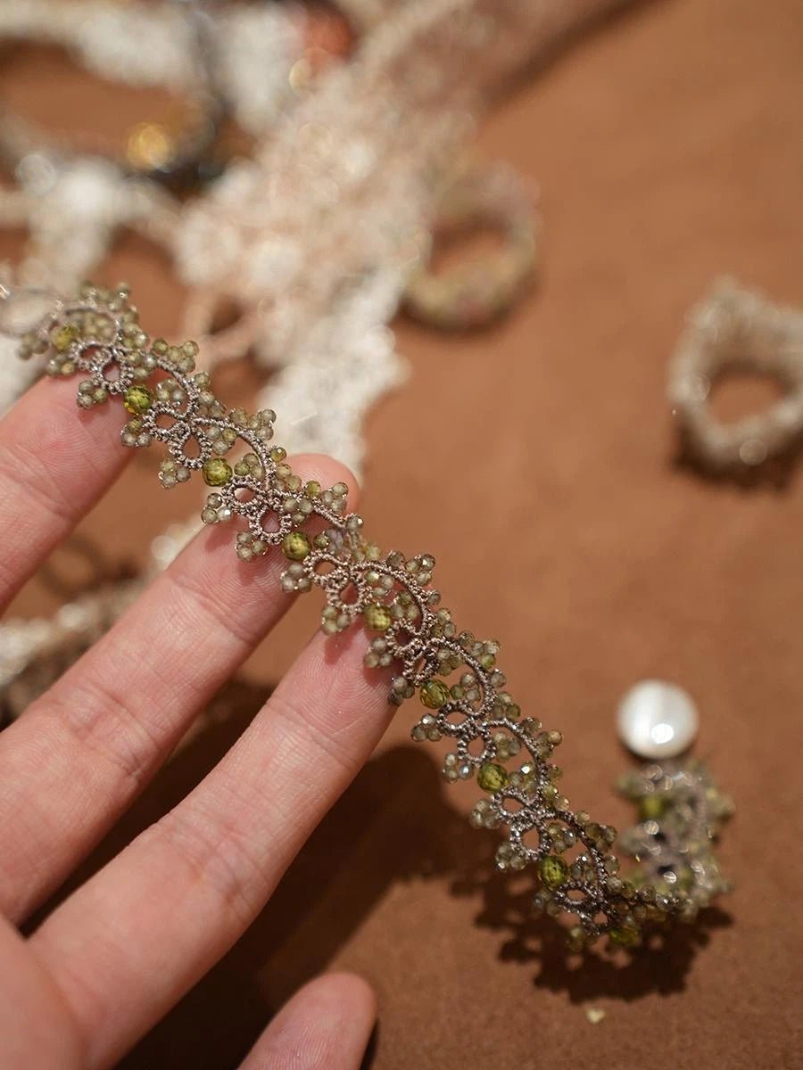 Handmade Lace Bracelet with Olive Green Crystal & Cat's Eye Clasp - Vintage Woven Silver Thread Jewelry - Doraflora