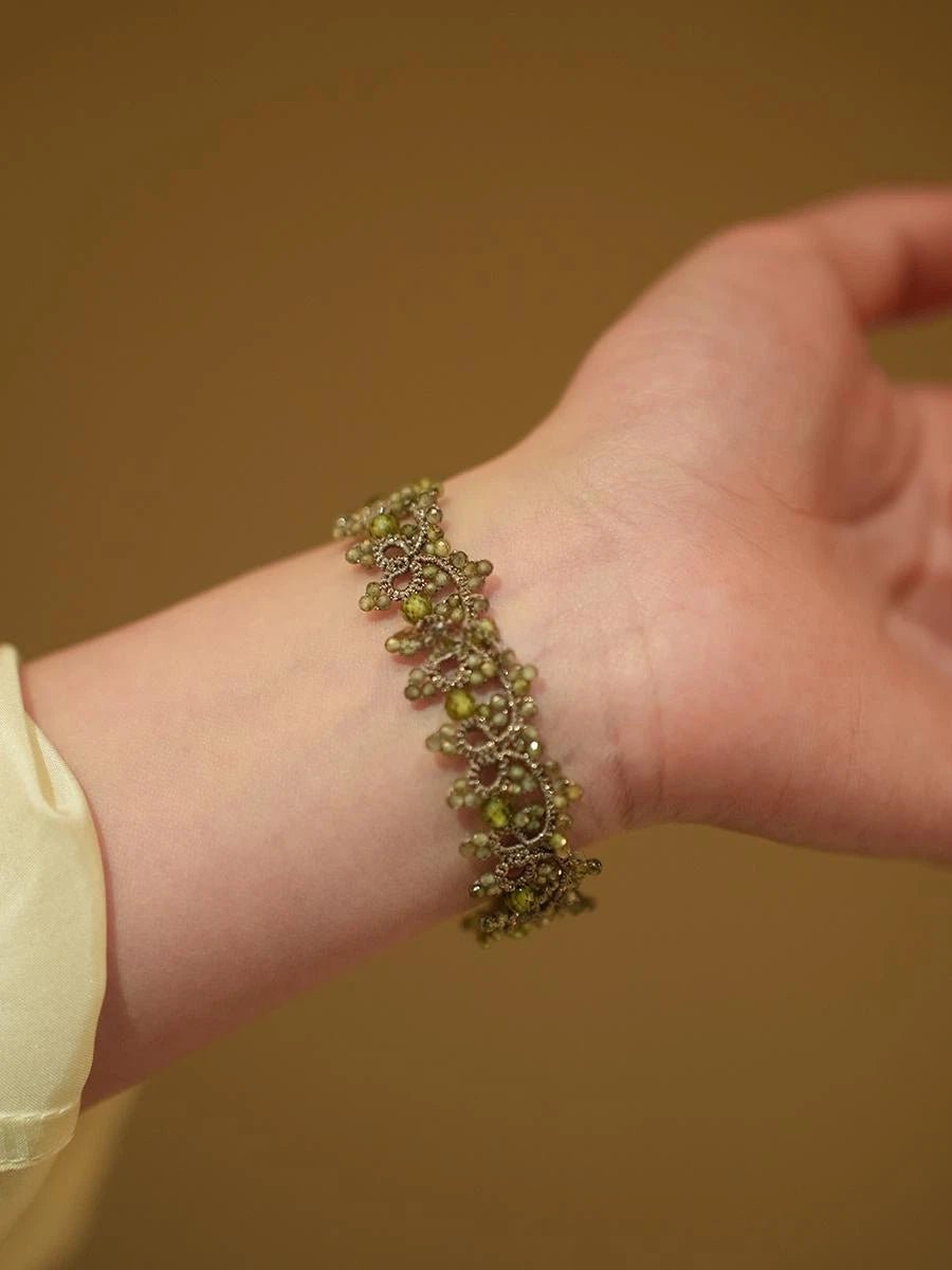 Handmade Lace Bracelet with Olive Green Crystal & Cat's Eye Clasp - Vintage Woven Silver Thread Jewelry - Doraflora