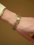 Handmade Lace Bracelet with Olive Green Crystal & Cat's Eye Clasp - Vintage Woven Silver Thread Jewelry - Doraflora
