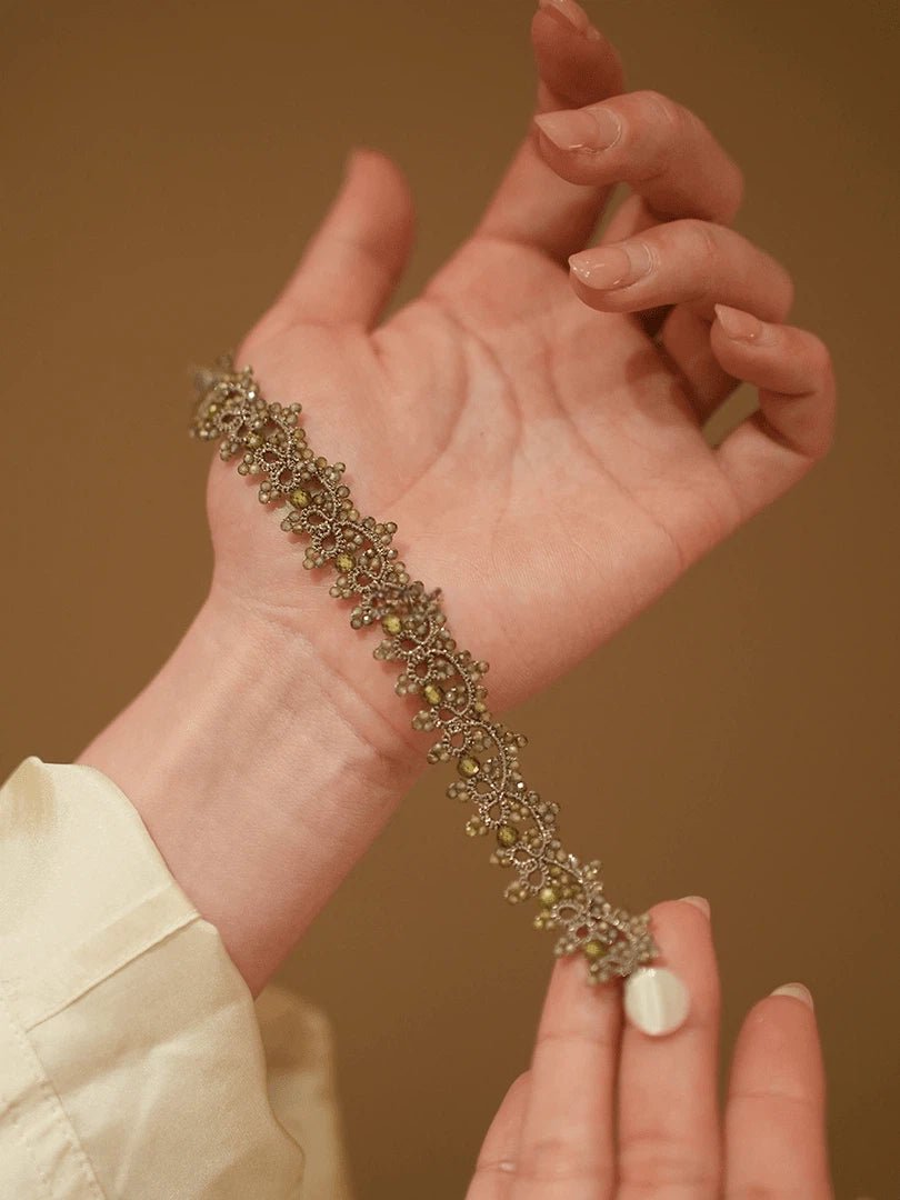 Handmade Lace Bracelet with Olive Green Crystal & Cat's Eye Clasp - Vintage Woven Silver Thread Jewelry - Doraflora