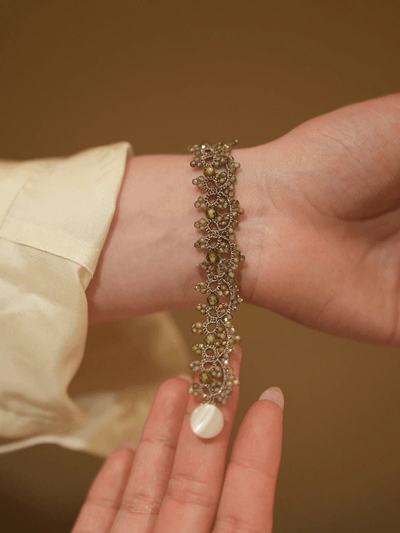 Handmade Lace Bracelet with Olive Green Crystal & Cat's Eye Clasp - Vintage Woven Silver Thread Jewelry - Doraflora