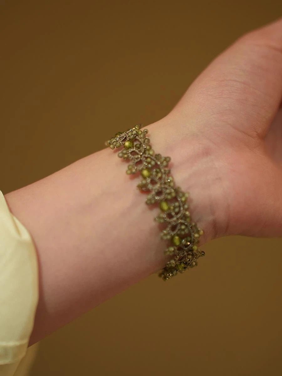 Handmade Lace Bracelet with Olive Green Crystal & Cat's Eye Clasp - Vintage Woven Silver Thread Jewelry - Doraflora