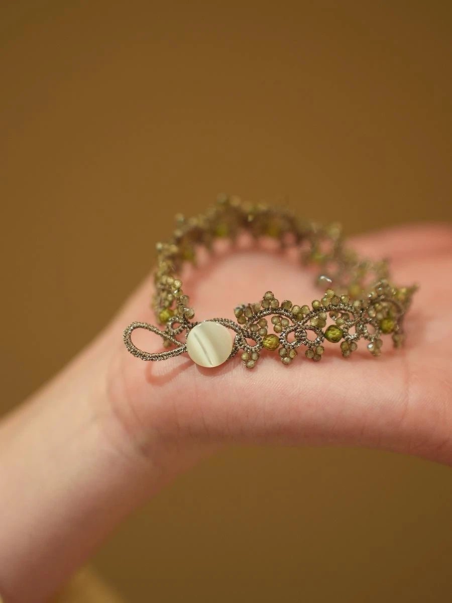 Handmade Lace Bracelet with Olive Green Crystal & Cat's Eye Clasp - Vintage Woven Silver Thread Jewelry - Doraflora