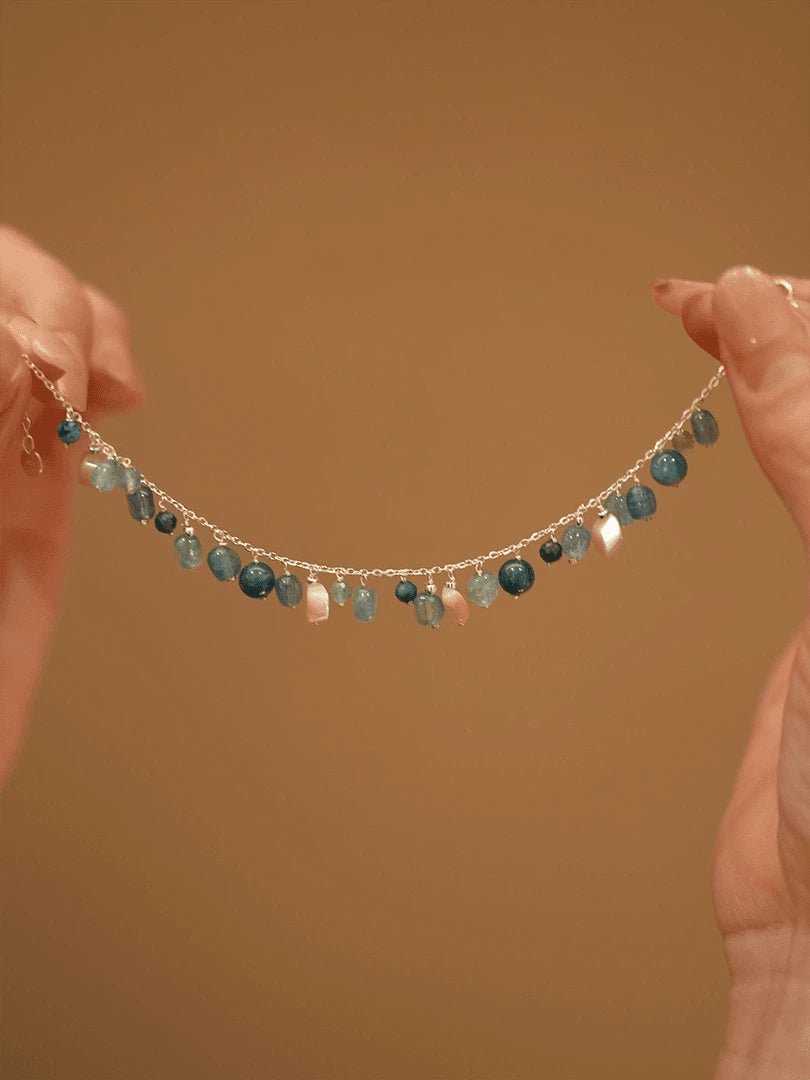 Handmade Natural Blue Apatite & Rose Quartz Dainty Beaded Bracelet - Healing Crystal Silver Chain Bracelet for Wome - Doraflora