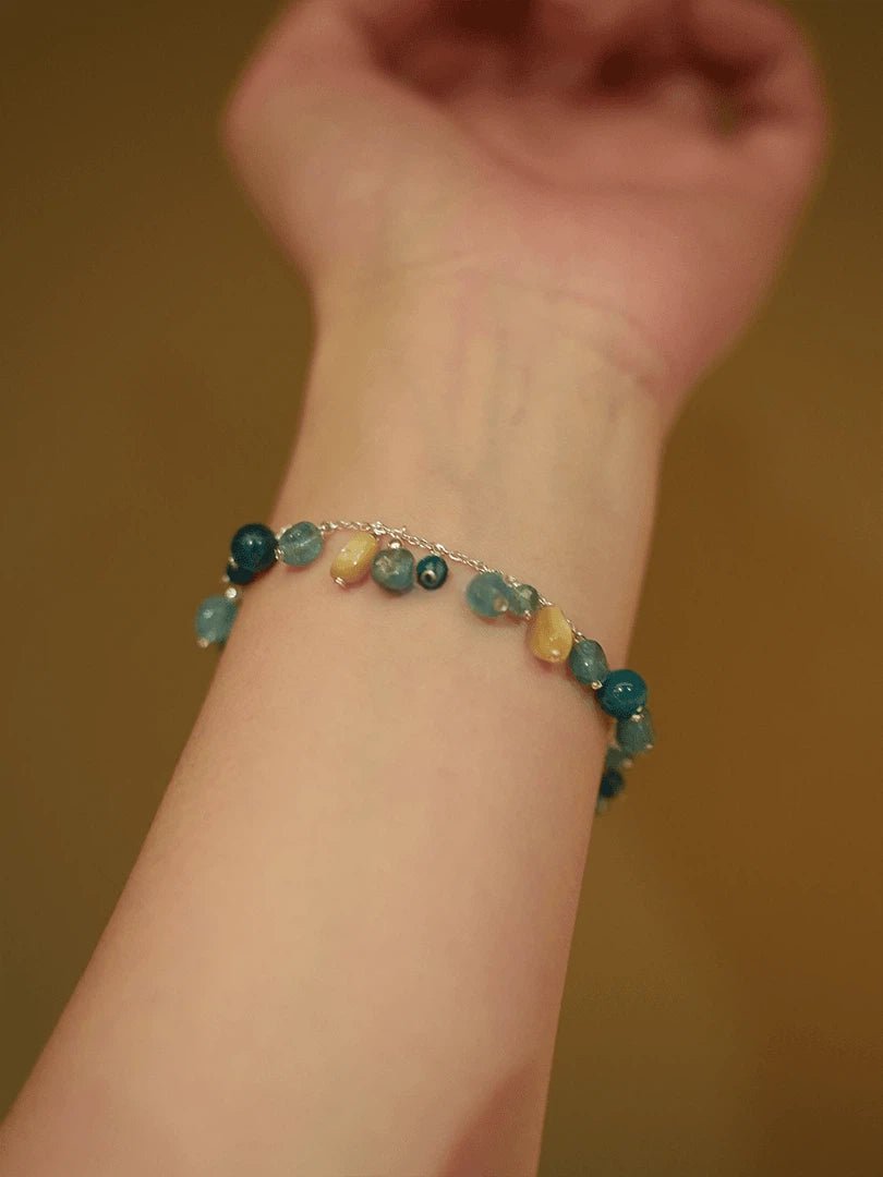 Handmade Natural Blue Apatite & Rose Quartz Dainty Beaded Bracelet - Healing Crystal Silver Chain Bracelet for Wome - Doraflora