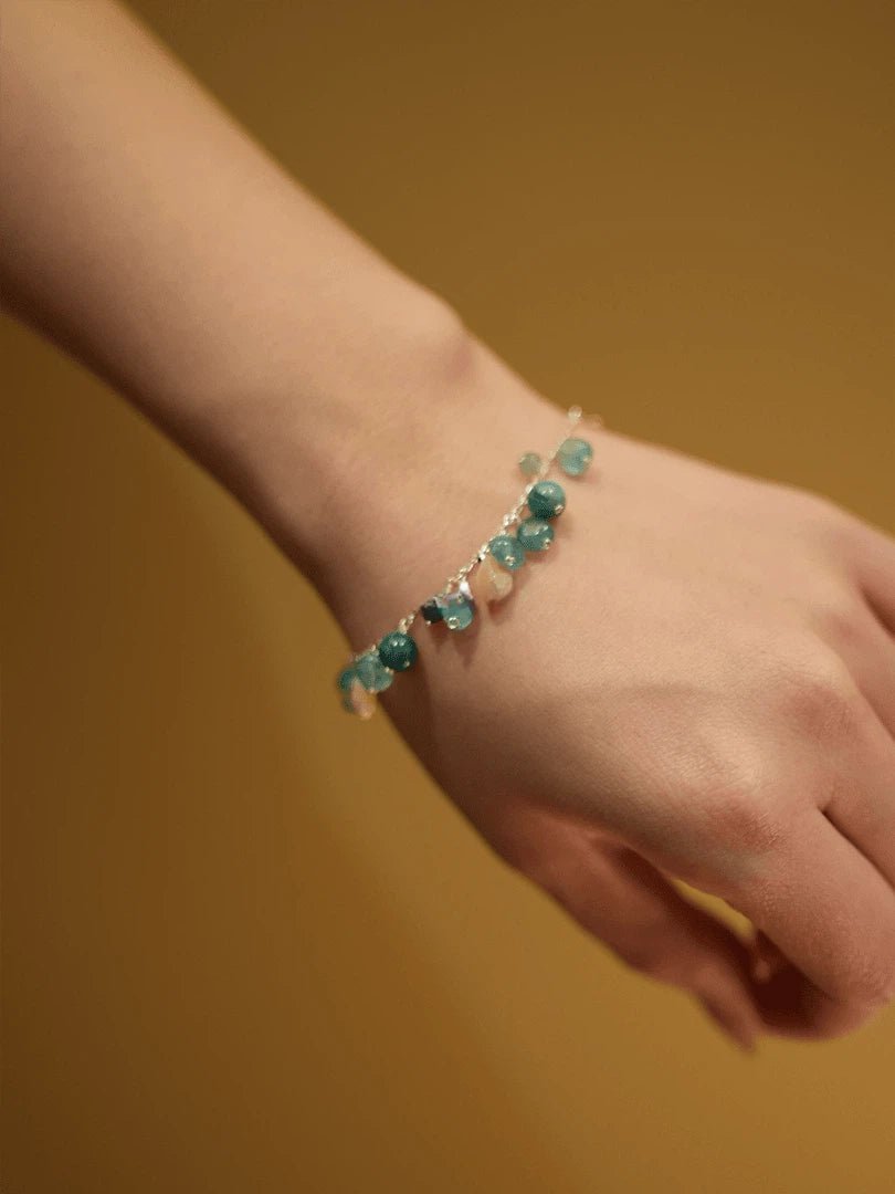 Handmade Natural Blue Apatite & Rose Quartz Dainty Beaded Bracelet - Healing Crystal Silver Chain Bracelet for Wome - Doraflora