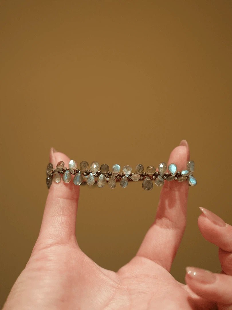 Handmade Natural Labradorite Teardrop Beaded Bracelet - Boho Dainty Stone Jewelry - Doraflora