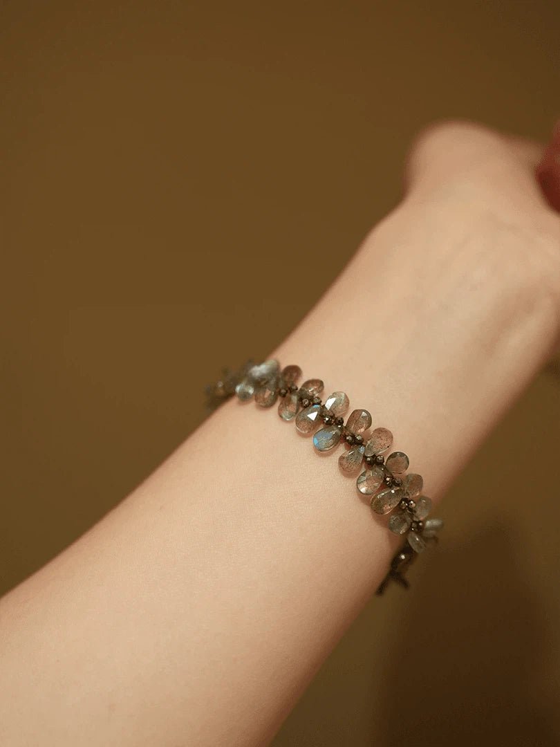Handmade Natural Labradorite Teardrop Beaded Bracelet - Boho Dainty Stone Jewelry - Doraflora