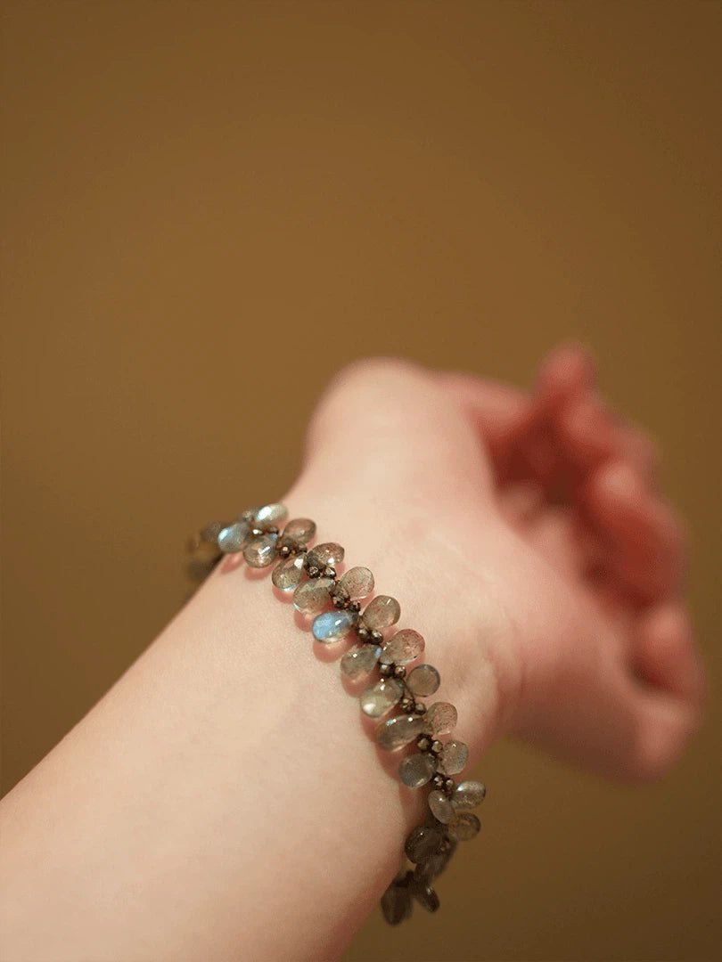 Handmade Natural Labradorite Teardrop Beaded Bracelet - Boho Dainty Stone Jewelry - Doraflora