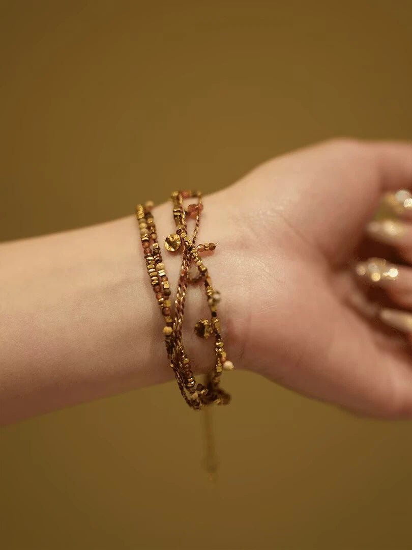 Handmade Titanium Steel Layered Gold Beaded Bracelet - Dainty Stackable Charm Bracelet for Women - Doraflora