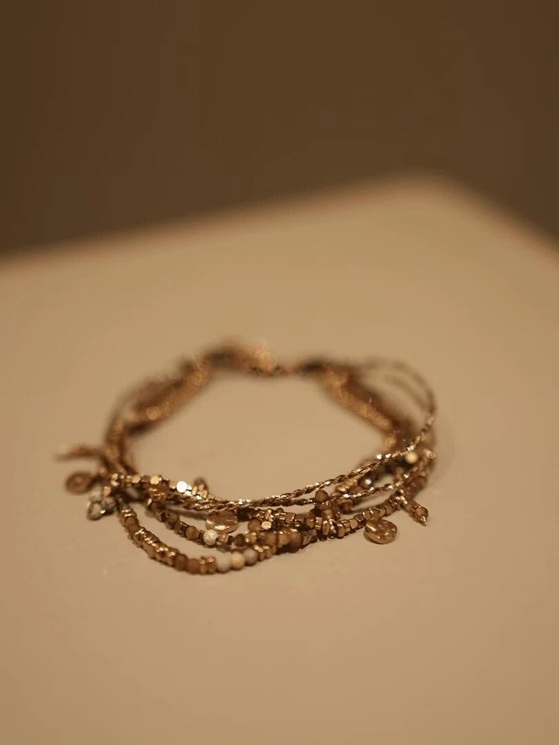 Handmade Titanium Steel Layered Gold Beaded Bracelet - Dainty Stackable Charm Bracelet for Women - Doraflora