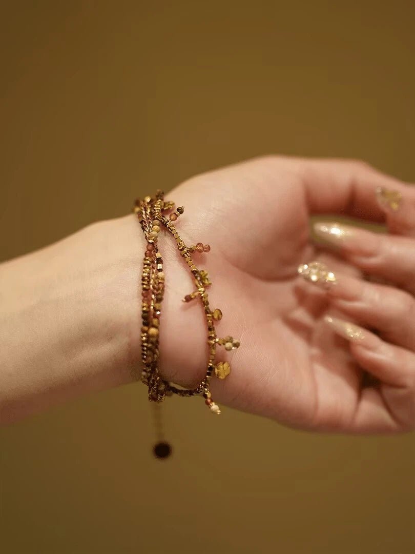 Handmade Titanium Steel Layered Gold Beaded Bracelet - Dainty Stackable Charm Bracelet for Women - Doraflora