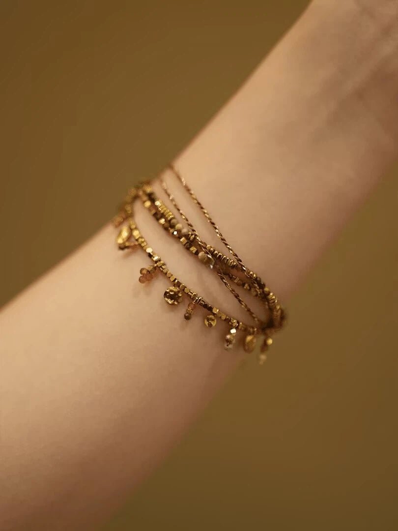Handmade Titanium Steel Layered Gold Beaded Bracelet - Dainty Stackable Charm Bracelet for Women - Doraflora