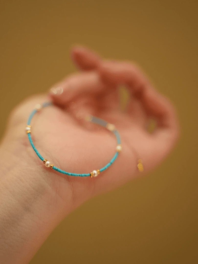 Natural Turquoise & Pearl Stackable Bracelet Set - Waterproof Titanium Steel - Doraflora