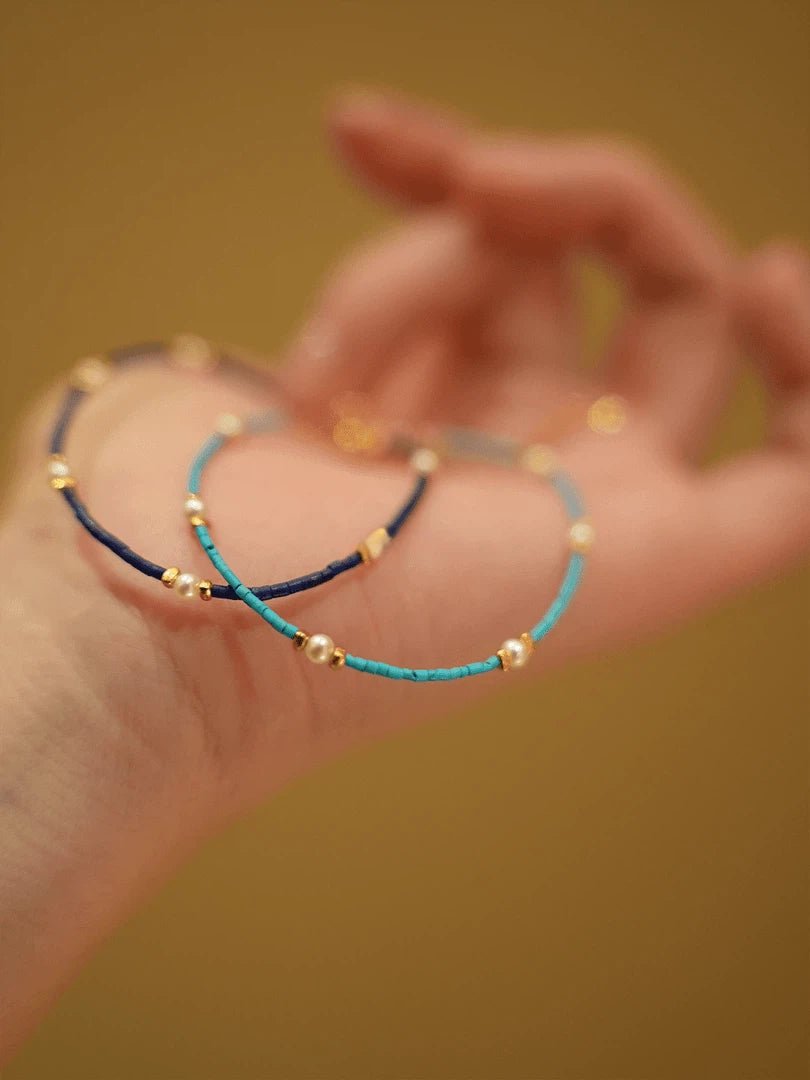 Natural Turquoise & Pearl Stackable Bracelet Set - Waterproof Titanium Steel - Doraflora