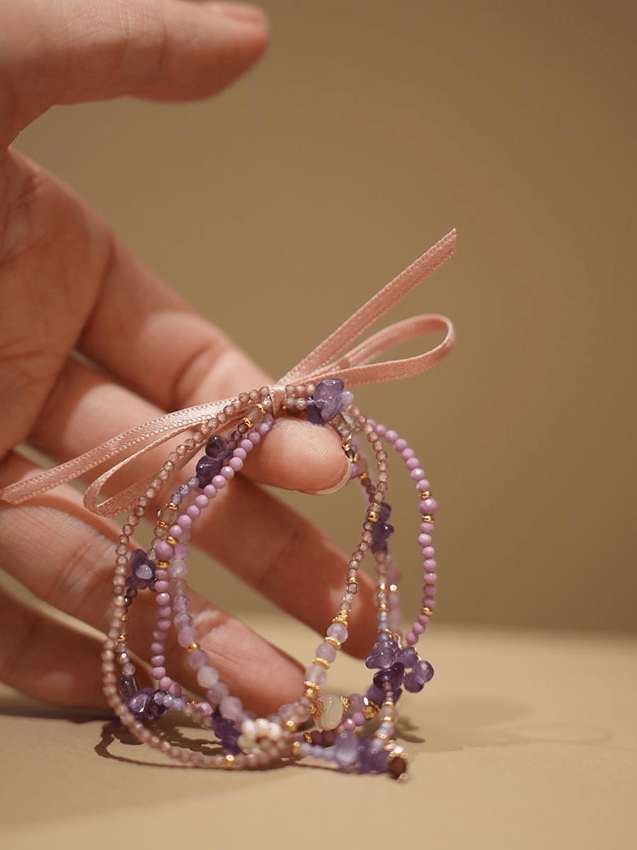 S925 Lavender Amethyst Multi - Strand Beaded Bracelet | Handmade Crystal & Pearl Stacking Bracelet - Doraflora