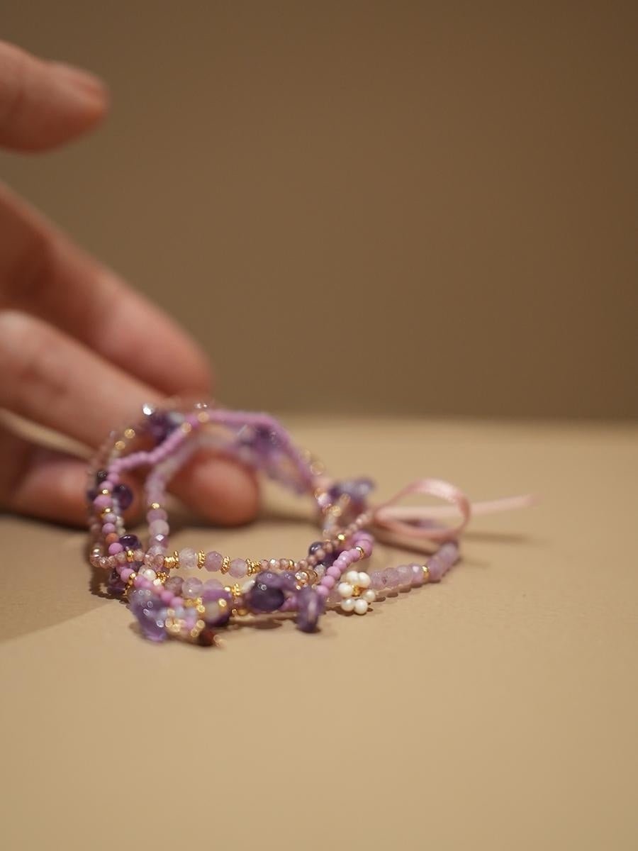 S925 Lavender Amethyst Multi - Strand Beaded Bracelet | Handmade Crystal & Pearl Stacking Bracelet - Doraflora