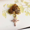 Vintage Cat Head Heart Locket Brooch | Crystal Cross Gothic Jewelry