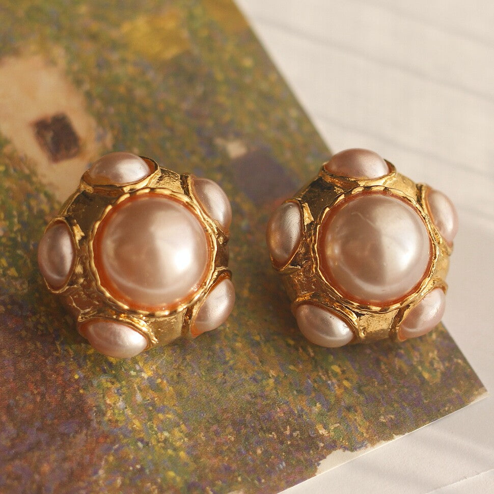 French Retro Pink Pearl Studs | Handcrafted Gold Setting | Heirloom Earrings