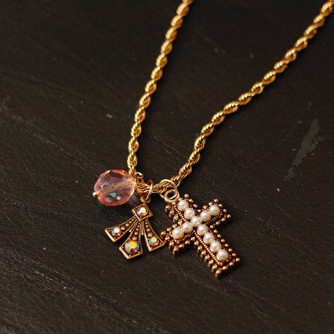 Titanium Steel Filigree Cross & Four-Leaf Clover Necklace | Vintage Lucky Jewelry