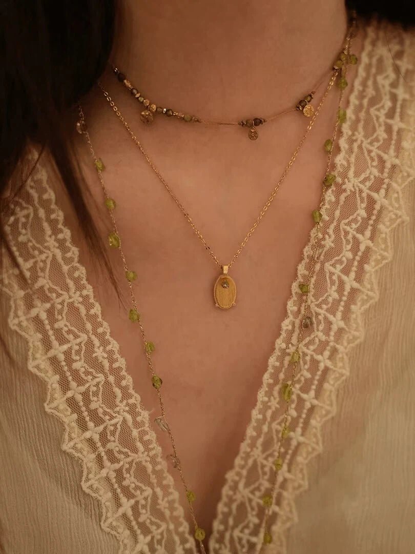Titanium Steel Oval Pendant Necklace - Vintage Brushed Gold CZ Accent Dainty Chain - Doraflora