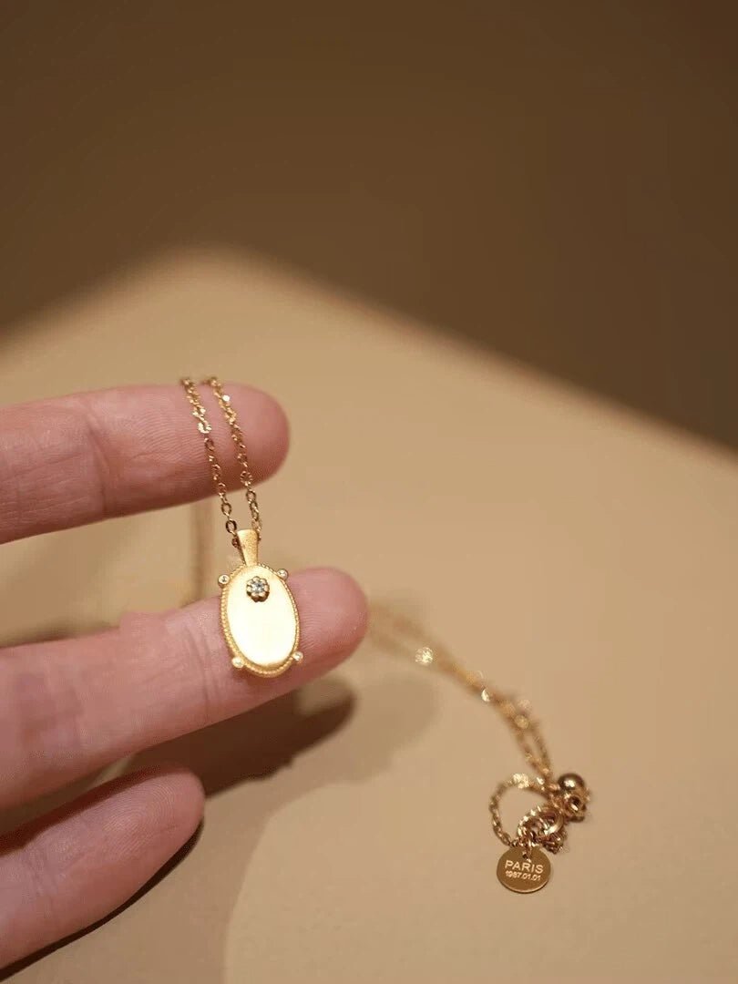 Titanium Steel Oval Pendant Necklace - Vintage Brushed Gold CZ Accent Dainty Chain - Doraflora