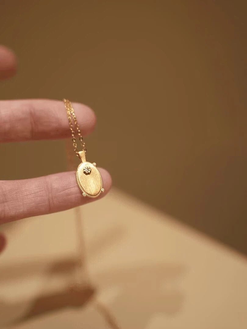 Titanium Steel Oval Pendant Necklace - Vintage Brushed Gold CZ Accent Dainty Chain - Doraflora
