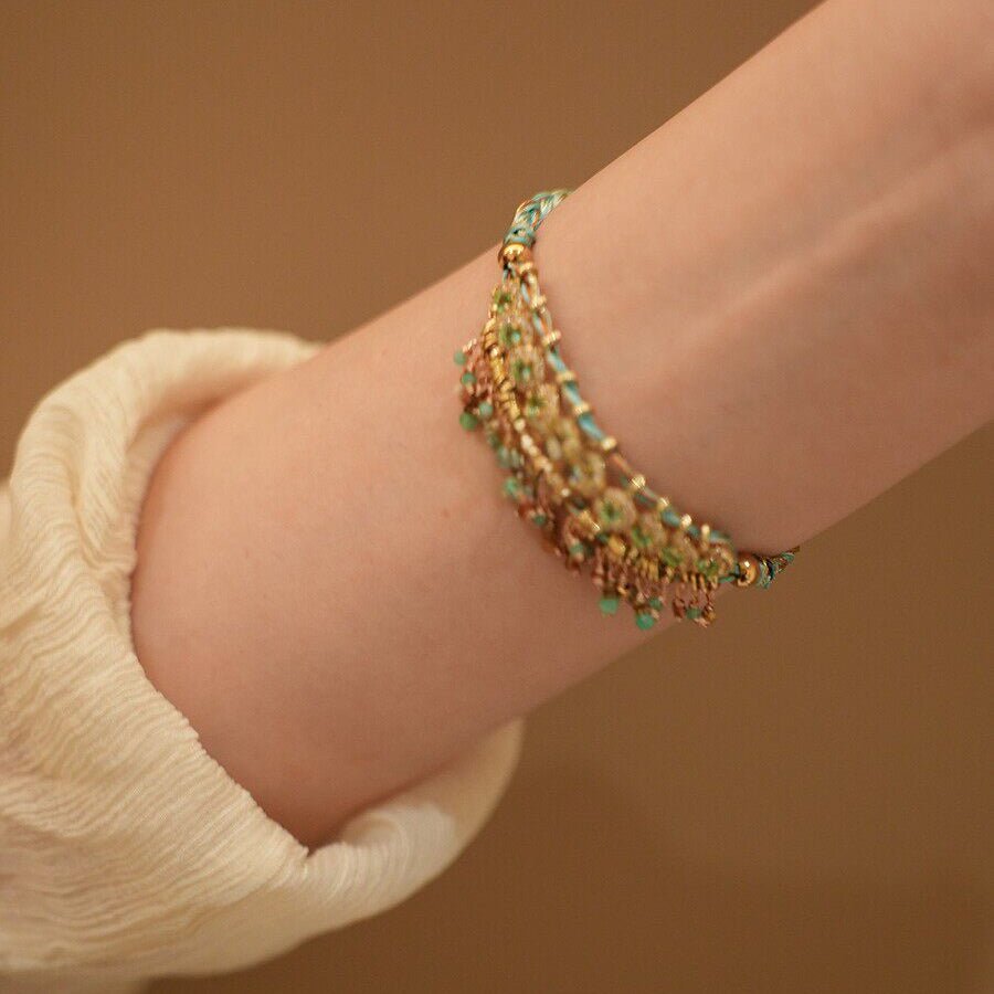 Titanium Steel Turquoise Blue Zircon Bracelet, Handwoven Tassel Boho Jewelry - Doraflora