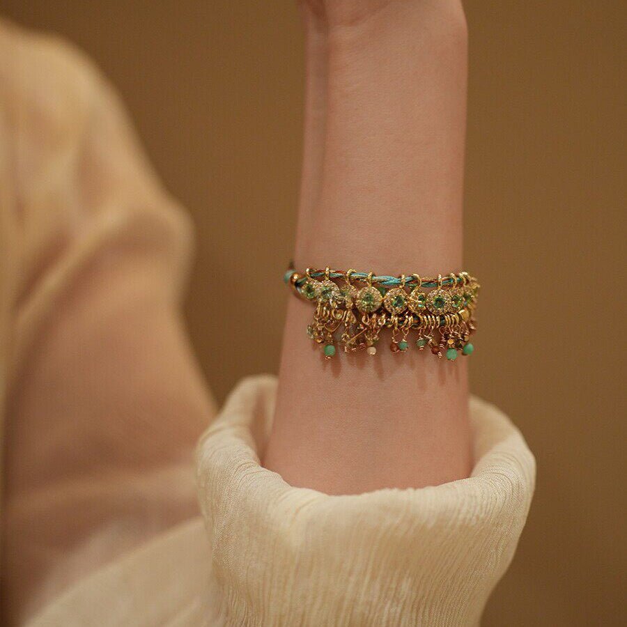 Titanium Steel Turquoise Blue Zircon Bracelet, Handwoven Tassel Boho Jewelry - Doraflora