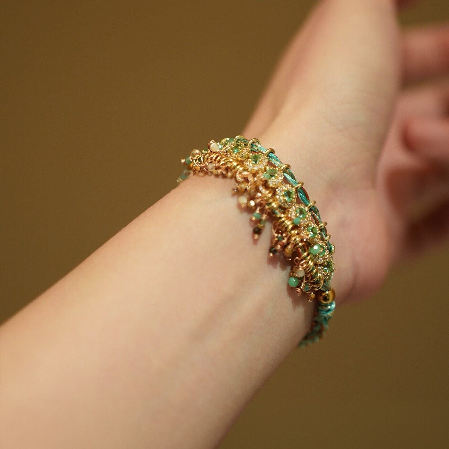 Titanium Steel Turquoise Blue Zircon Bracelet, Handwoven Tassel Boho Jewelry - Doraflora
