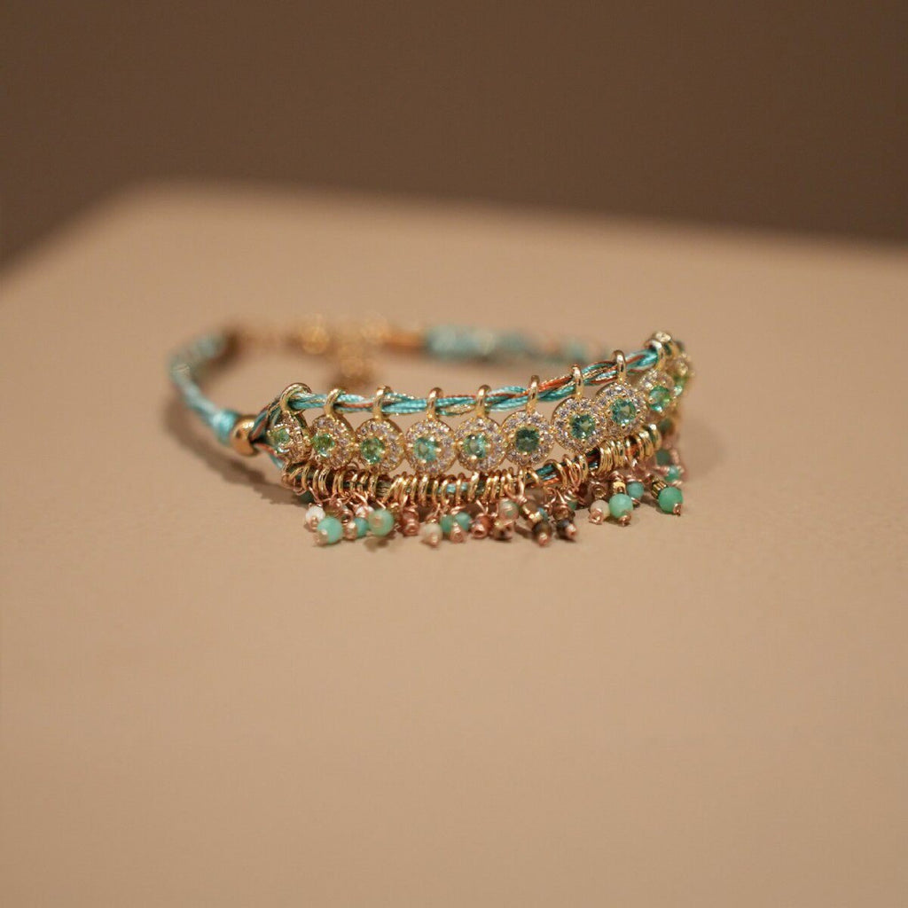 Titanium Steel Turquoise Blue Zircon Bracelet, Handwoven Tassel Boho Jewelry - Doraflora