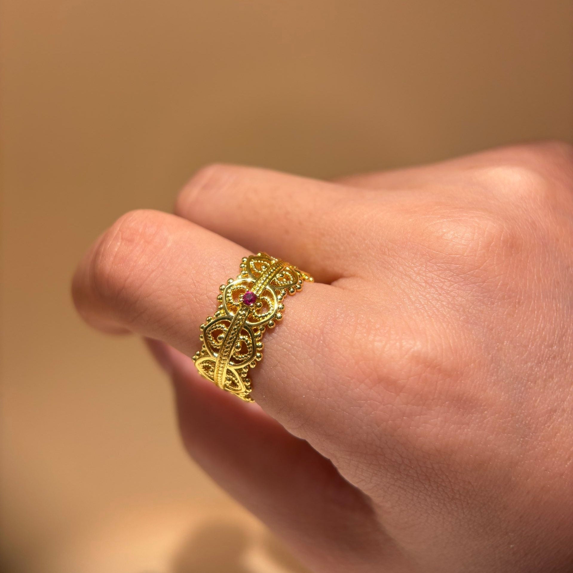 Vintage 18K Gold Plated Ruby Lace Ring | Royal Filigree Crown Band, Boho Chic Statement Jewelry for Women - Doraflora
