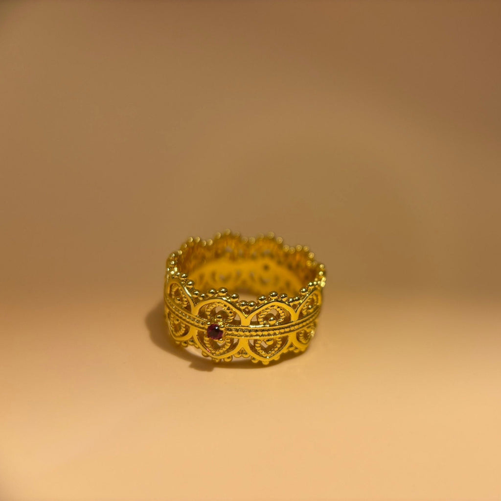 Vintage 18K Gold Plated Ruby Lace Ring | Royal Filigree Crown Band, Boho Chic Statement Jewelry for Women - Doraflora