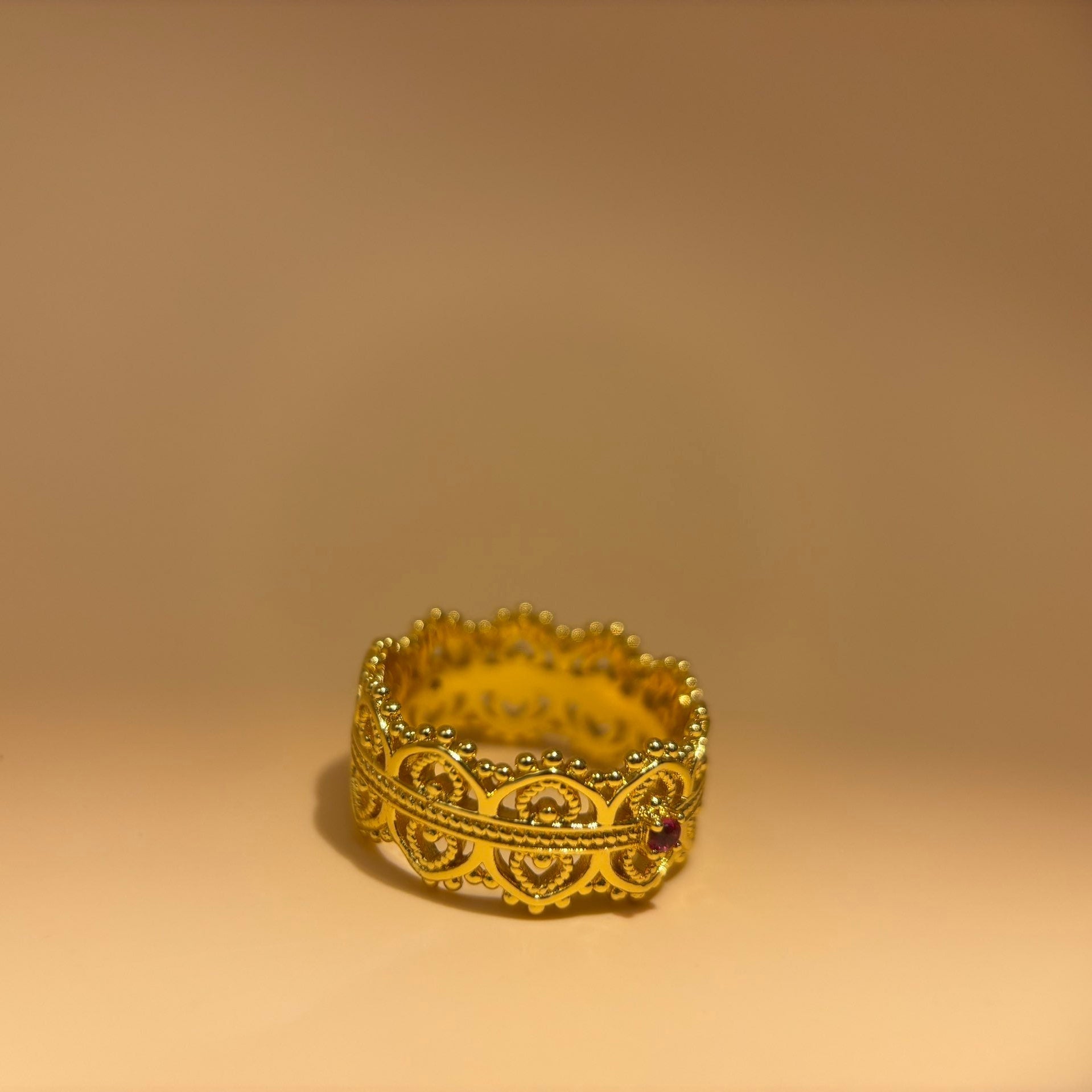 Vintage 18K Gold Plated Ruby Lace Ring | Royal Filigree Crown Band, Boho Chic Statement Jewelry for Women - Doraflora